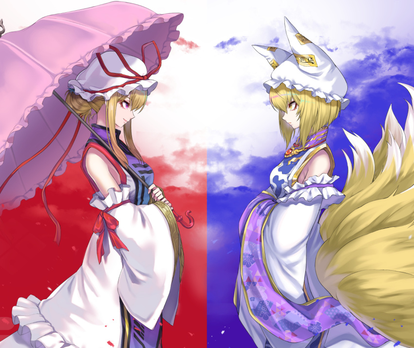 2girls blonde_hair detached_sleeves eyeshadow fox_tail hair_between_eyes hands_in_opposite_sleeves hat hat_ribbon highres holding holding_umbrella kitsune lips long_hair long_sleeves looking_at_another makeup mob_cap multiple_girls multiple_tails naked_tabard re_(re_09) red_eyeshadow ribbon short_hair smile tabard tail touhou umbrella violet_eyes yakumo_ran yakumo_yukari yellow_eyes