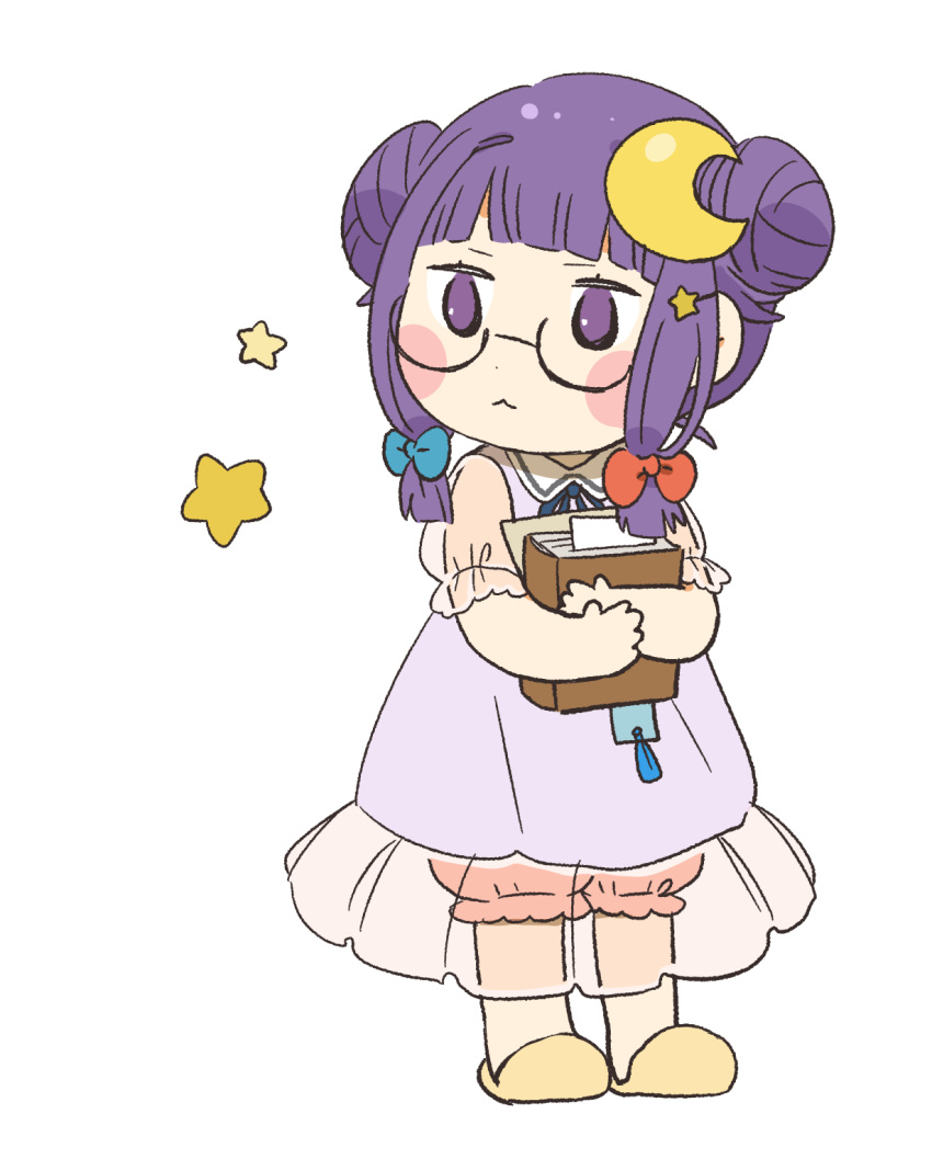 1girl :&lt; alternate_costume bangs bloomers blue_bow blunt_bangs blush_stickers book bookmark bow chibi citrus_(place) commentary_request crescent crescent_hair_ornament double_bun dress full_body hair_bow hair_ornament hair_up hairclip highres holding holding_book long_hair nightgown patchouli_knowledge purple_dress red_bow short_sleeves simple_background slippers solo star_(symbol) star_hair_ornament touhou underwear violet_eyes white_background yellow_footwear