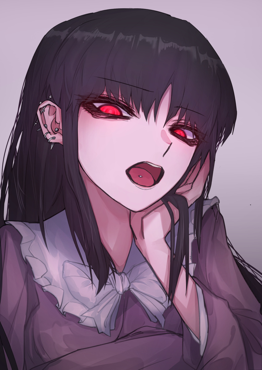 1girl 33_gaff absurdres black_hair ear_piercing earrings frilled_shirt_collar frills highres houraisan_kaguya jewelry long_hair looking_at_viewer open_mouth piercing pink_shirt red_eyes ribbon shirt solo stud_earrings tongue_piercing touhou upper_body upper_teeth white_neckwear white_ribbon