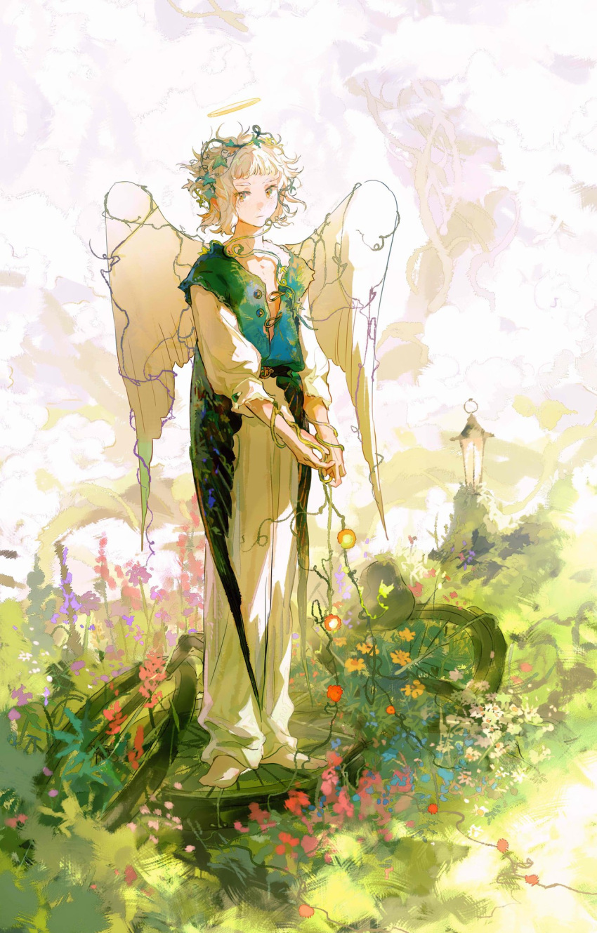 1other ambiguous_gender bangs barefoot bicycle blonde_hair blunt_bangs closed_mouth flower ground_vehicle halo highres lantern lingcod_dayu looking_at_viewer messy_hair original plant purple_flower red_flower solo standing vest vines wings yellow_eyes