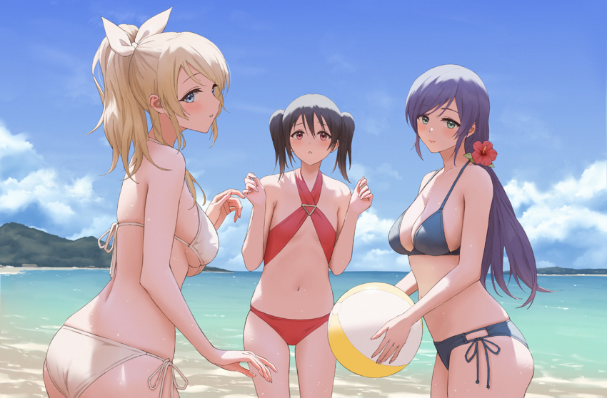 3girls ayase_eli ball beach bikini black_hair blonde_hair blue_background blue_eyes blue_sky breasts clouds day green_eyes holding holding_ball long_hair looking_at_viewer love_live! love_live!_school_idol_project maachi_(fsam4547) multiple_girls ocean ponytail purple_hair red_bikini red_eyes short_hair side-tie_bikini sky small_breasts swimsuit toujou_nozomi twintails white_bikini yazawa_nico