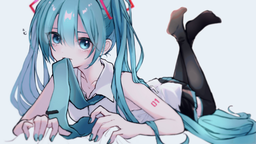 1girl absurdres aqua_eyes aqua_hair aqua_nails aqua_neckwear bare_shoulders black_legwear black_skirt blurry blurry_background collarbone depth_of_field feet_up hair_ornament hatsune_miku highres katorea long_hair looking_at_viewer lying meme miniskirt mouth_hold nail_polish necktie necktie_in_mouth no_shoes on_stomach pleated_skirt sheet_grab shirt shoulder_tattoo skirt sleeveless sleeveless_shirt solo tattoo tears thigh-highs twintails very_long_hair vocaloid white_shirt