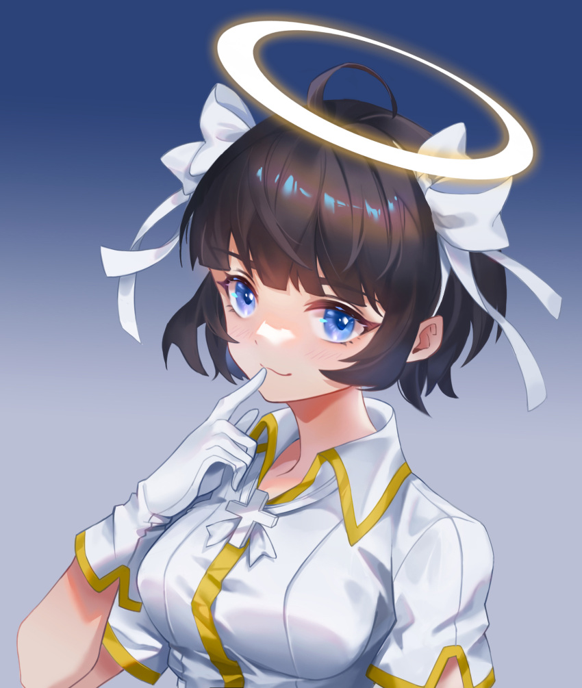 1girl :3 azazel_(helltaker) bangs blue_eyes blush bow breasts eyebrows_visible_through_hair finger_to_mouth gloves gradient gradient_background hair_bow halo hand_up helltaker highres jacket large_breasts latin_cross raicyou7 ribbon shiny shiny_hair short_hair short_sleeves smile solo upper_body white_bow white_gloves white_jacket