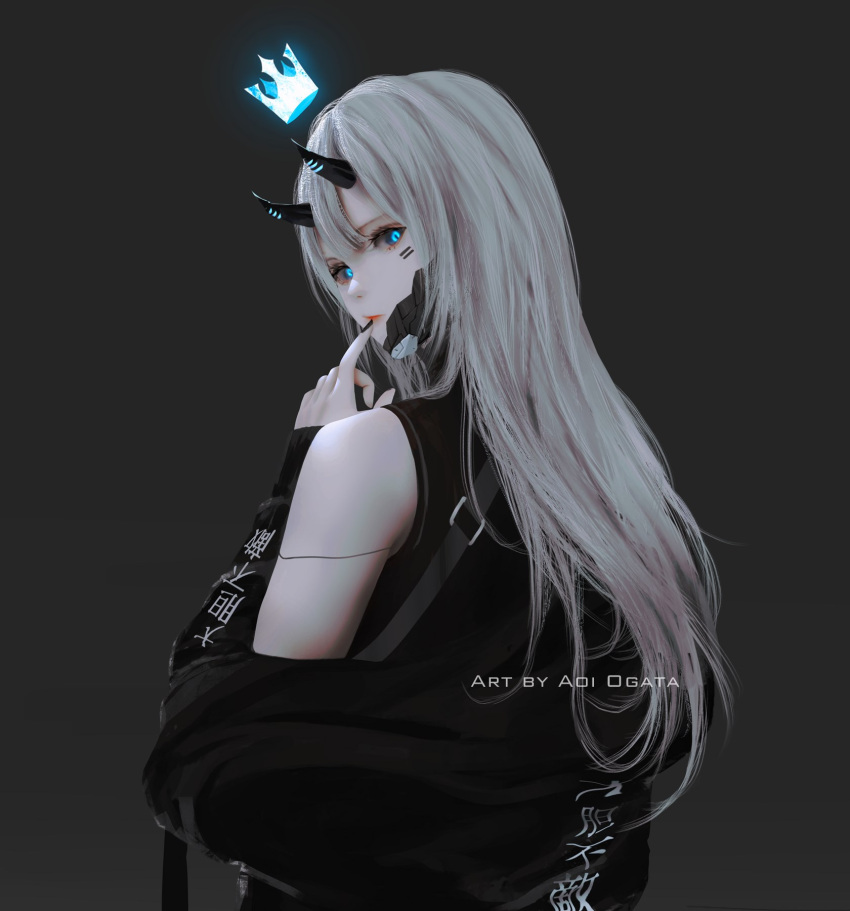 1girl aoi_ogata artist_name bare_shoulders black_jacket black_nails black_sclera black_shirt blue_eyes clip_studio_paint_(medium) closed_mouth colored_sclera commentary commission crown english_commentary facial_mark finger_to_mouth from_behind glowing grey_background grey_hair hand_up highres horns jacket long_hair looking_at_viewer looking_back mini_crown nail_polish off_shoulder open_clothes open_jacket original red_lips shirt simple_background sleeveless sleeveless_shirt solo upper_body very_long_hair