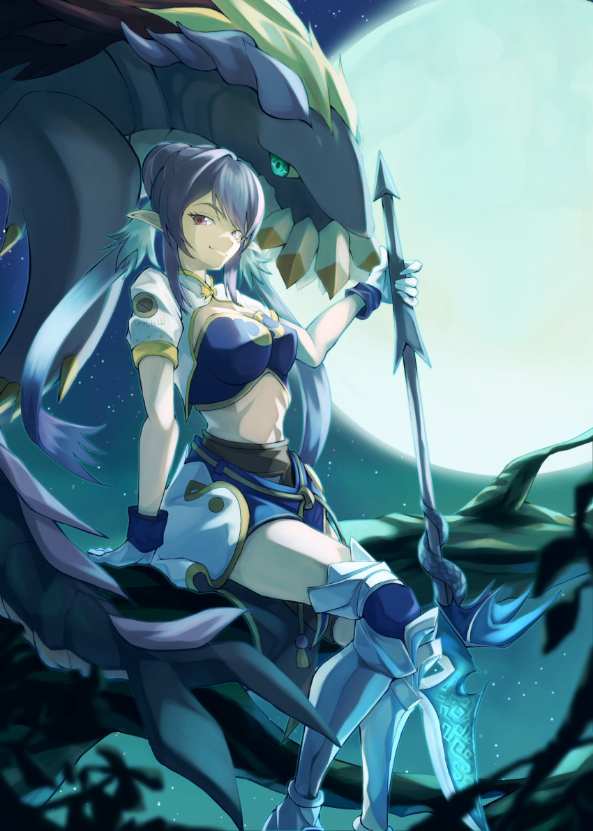 blue_bra blue_hair boots bra feathers fingerless_gloves full_moon gloves highres holding holding_polearm holding_weapon judith midriff moon night night_sky online_neet pointy_ears polearm sky smile tales_of_(series) tales_of_vesperia underwear violet_eyes weapon