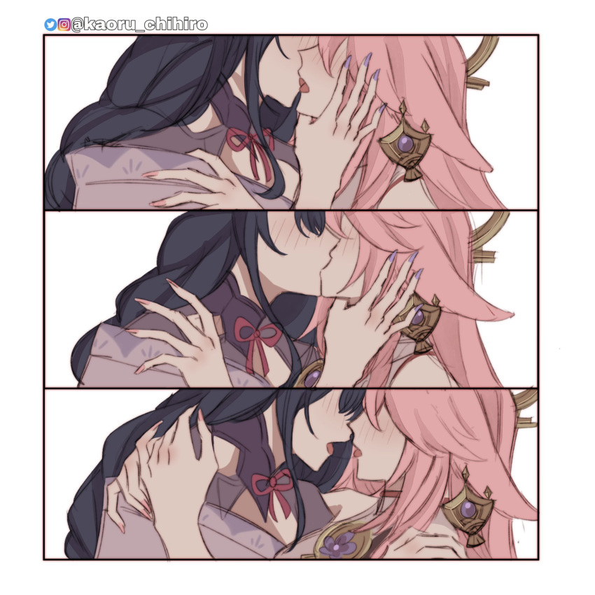 2girls bare_shoulders blush commentary english_commentary french_kiss genshin_impact hand_on_another's_shoulder highres instagram_logo kaoruchihiro kiss multiple_girls nail_polish parted_lips pink_hair pink_nails purple_nails twitter_logo twitter_username yuri