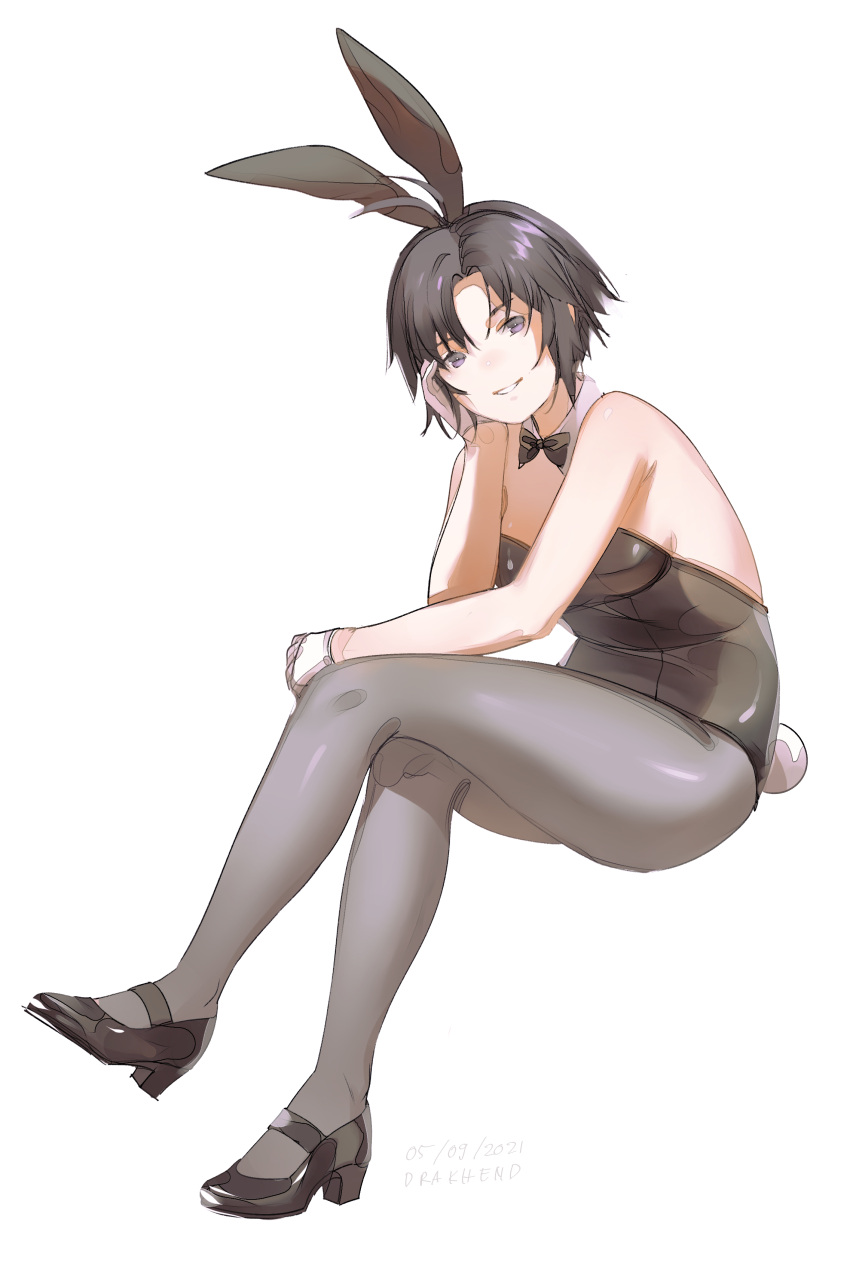 1girl absurdres animal_ears antenna_hair black_hair bow bowtie detached_collar drakhend66 fake_animal_ears fake_tail head_rest highres idolmaster idolmaster_million_live! kikuchi_makoto leotard pantyhose playboy_bunny rabbit_ears rabbit_tail short_hair sitting sketch smile tail violet_eyes white_background