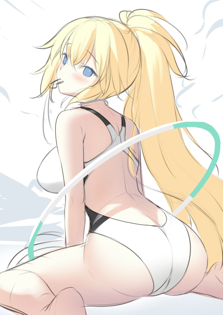 1girl ass bare_thighs barefoot blonde_hair blue_eyes competition_swimsuit eyebrows eyebrows_visible_through_hair fate/grand_order fate_(series) feet_out_of_frame from_behind hair hair_between_eyes highres jeanne_d'arc_(fate)_(all) jeanne_d'arc_(swimsuit_archer)_(fate) kneeling long_hair looking_at_viewer looking_back miko_(royal_milk) mouth_hold one-piece_swimsuit ponytail sitting solo swimsuit thighs wariza whistle white_swimsuit