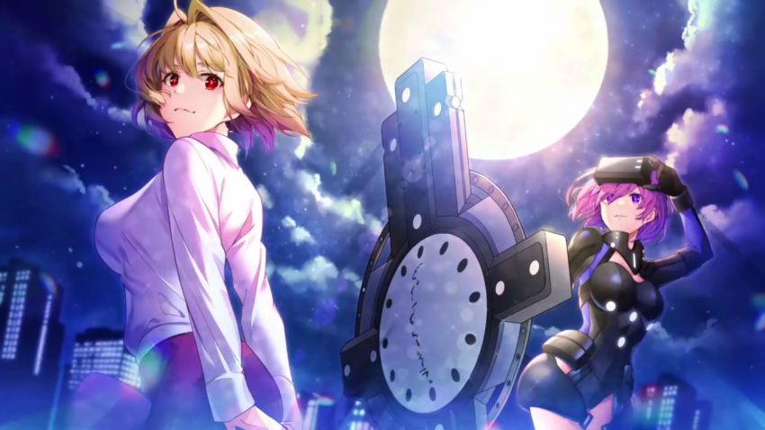 2girls ahoge arcueid_brunestud armor armored_dress bangs blonde_hair building clouds dress fate/grand_order fate_(series) goggles goggles_on_head holding holding_shield holding_weapon looking_at_viewer looking_back mash_kyrielight moon multiple_girls night night_sky nonomaro purple_hair red_eyes shield shirt short_hair sky smile standing tsukihime violet_eyes weapon