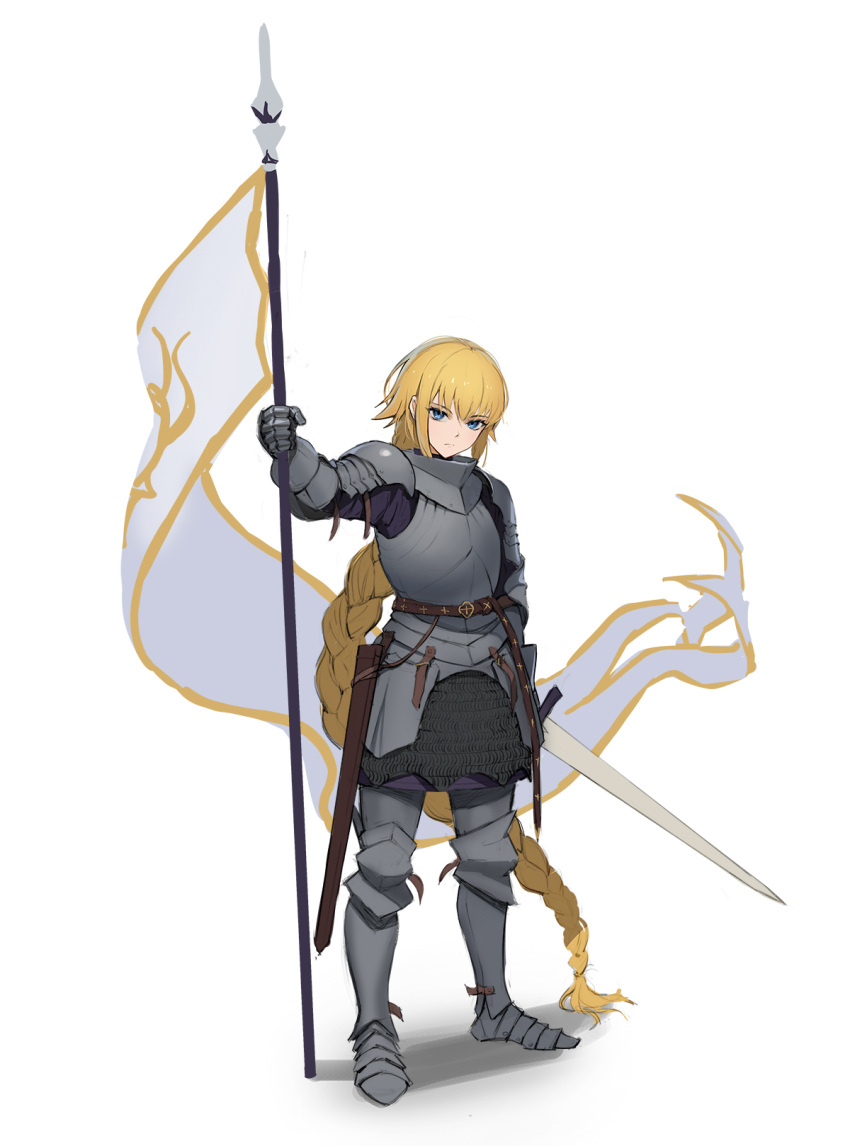 1girl absurdly_long_hair armor blonde_hair blue_eyes braid braided_ponytail breastplate commentary_request eyebrows_visible_through_hair fate/apocrypha fate_(series) full_body gauntlets hair_between_eyes highres holding holding_sword holding_weapon jason_kim jeanne_d'arc_(fate) jeanne_d'arc_(fate)_(all) long_hair looking_at_viewer plate_armor sheath solo standing sword very_long_hair weapon