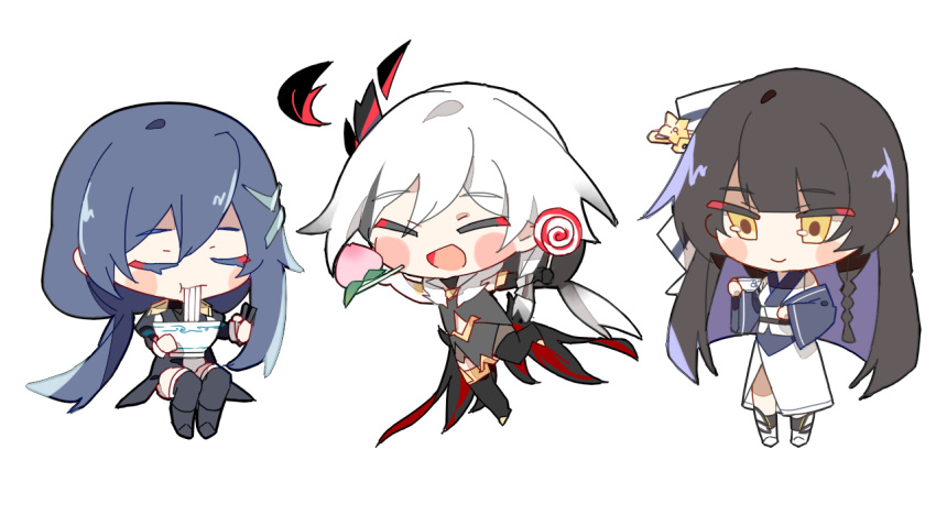 3girls :d alternate_costume bangs black_footwear black_hair boots bowl braid brown_hair candy character_request chibi chon_(klliaytong) chopsticks closed_eyes closed_mouth cup food fruit fu_hua fu_hua_(herrscher_of_sentience) fu_hua_(valkyrie_accipter) full_body hair_between_eyes hair_ornament holding holding_bowl holding_chopsticks holding_cup holding_food honkai_(series) honkai_impact_3rd invisible_chair lollipop long_hair multiple_girls noodles open_mouth peach ponytail ramen simple_background sitting smile white_background white_hair yellow_eyes