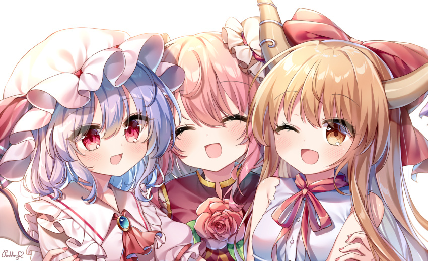 3girls artist_name ascot bangs bare_shoulders bat_wings blonde_hair blush bow bowtie breasts brown_eyes buttons closed_eyes collar collared_dress double_bun dress eyebrows_visible_through_hair eyes_visible_through_hair flower gem hair_between_eyes hand_on_another's_arm hands_up hat hat_ribbon highres horns ibaraki_kasen ibuki_suika jewelry leaf long_hair looking_at_another medium_breasts mob_cap multicolored multicolored_eyes multiple_girls one_eye_closed open_mouth pink_dress pink_eyes pink_flower pink_hair pink_nails pink_sleeves pudding_(skymint_028) puffy_short_sleeves puffy_sleeves purple_hair red_bow red_eyes red_neckwear red_ribbon red_vest remilia_scarlet ribbon shirt short_hair short_sleeves simple_background sleeveless sleeveless_shirt smile tabard touhou upper_body vest white_background white_headwear white_shirt wings yellow_eyes