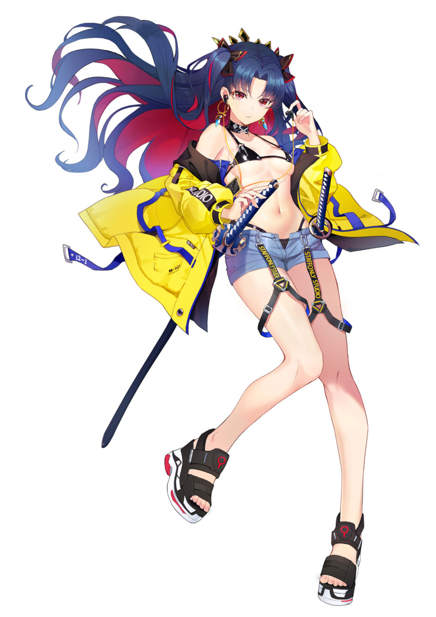1girl alternate_costume bangs bare_shoulders bikini black_bikini black_bow black_footwear black_hair blush bow breasts choker closed_mouth collarbone denim denim_shorts earphones earphones earrings fate/grand_order fate_(series) full_body hair_bow highres hoop_earrings ishtar_(fate)_(all) jacket jewelry katana legs long_hair long_legs long_sleeves looking_at_viewer luobo_(nsnr8754) multicolored_hair navel off_shoulder open_clothes open_jacket parted_bangs red_eyes redhead revision sandals sheath short_shorts shorts simple_background small_breasts solo space_ishtar_(fate) swimsuit sword tiara two-tone_hair two_side_up weapon white_background yellow_jacket
