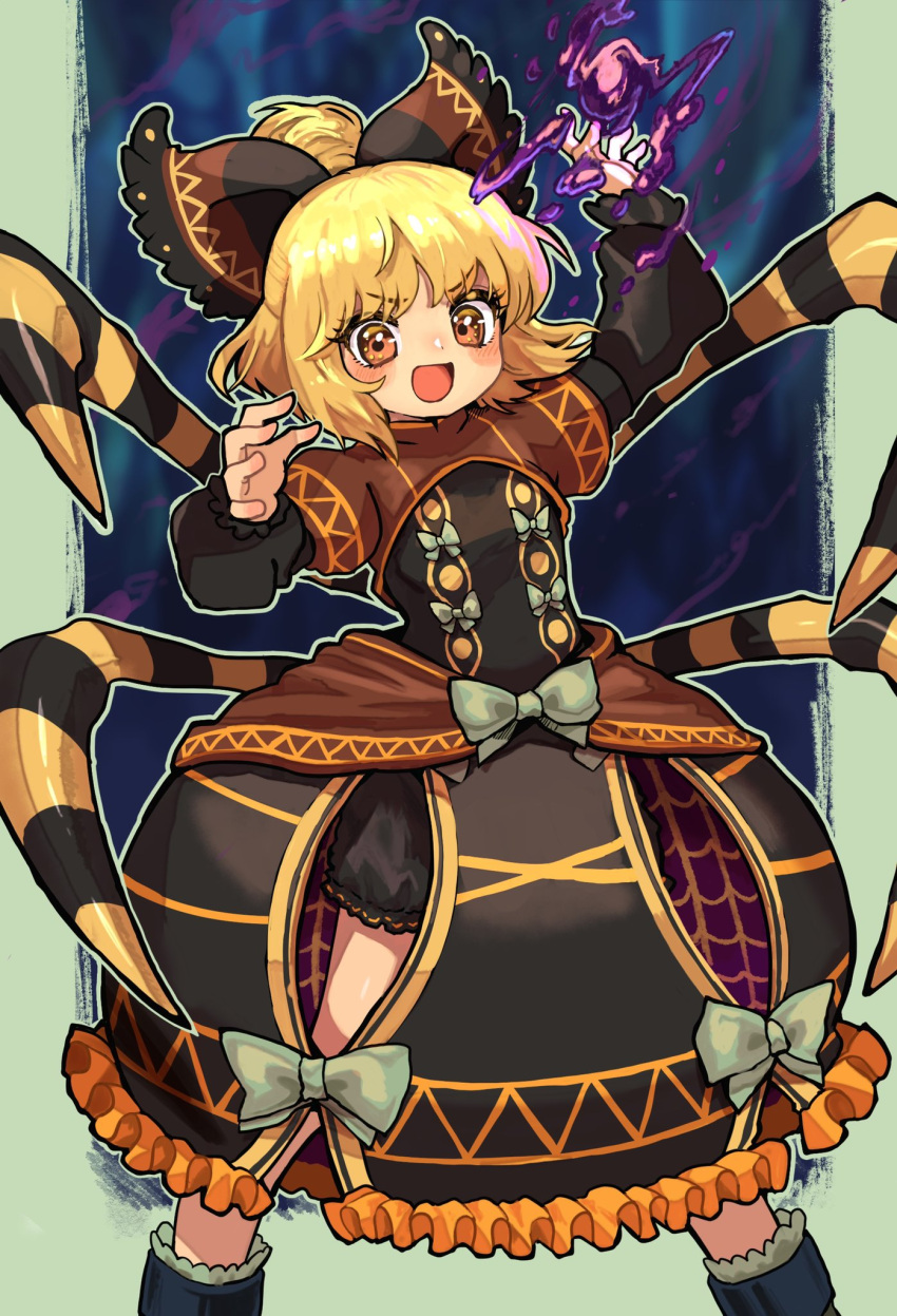 1girl adapted_costume arthropod_legs black_bow black_dress blonde_hair blush bow brown_eyes dress extra_legs eyebrows_visible_through_hair feet_out_of_frame hair_bow highres howhow_notei kurodani_yamame long_sleeves looking_at_viewer open_mouth ponytail short_hair solo touhou turtleneck v-shaped_eyebrows