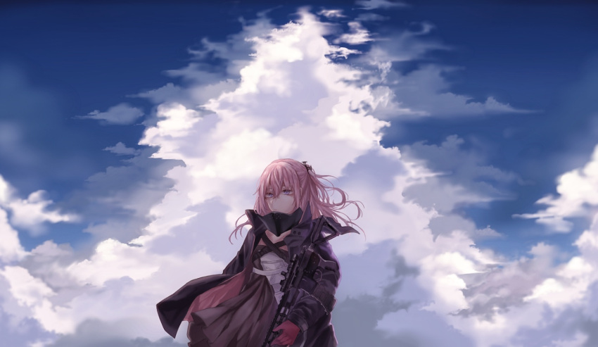 1girl ar-15 blue_sky breasts closed_mouth clouds cloudy_sky dress eyebrows_visible_through_hair girls_frontline gloves gun hair_ornament hairclip holding holding_weapon jacket long_hair looking_away mod3_(girls'_frontline) parang pink_hair purple_jacket red_gloves rifle sky small_breasts solo st_ar-15_(girls'_frontline) violet_eyes weapon