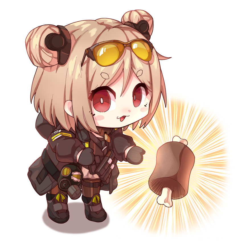 1girl absurdres blush_stickers boned_meat chibi commission crr001 double_bun food girls_frontline giving highres light_brown_hair meat p90_(girls'_frontline) red_eyes second-party_source short_eyebrows short_hair smile solo thick_eyebrows