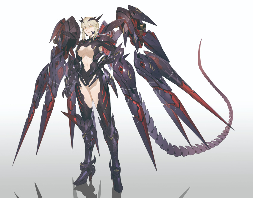 1girl absurdres armor artoria_pendragon_(fate) artoria_pendragon_(lancer_alter)_(fate) bangs blonde_hair breasts clothing_cutout fate/grand_order fate_(series) full_body gauntlets gradient gradient_background hair_between_eyes high_heels highres horns large_breasts revealing_clothes science_fiction shadow simple_background skin_tight sohn_woohyoung solo stomach_cutout tail under_boob yellow_eyes