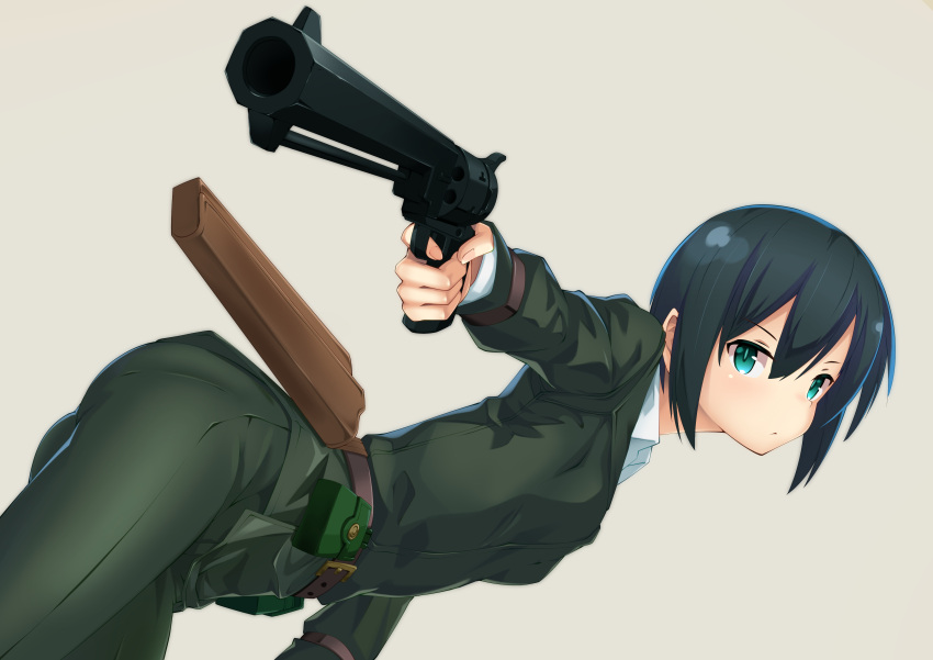 1girl :&lt; absurdres bangs belt belt_pouch bent_over black_hairband breasts brown_belt commentary dress_shirt finger_on_trigger green_eyes green_jacket green_pants grey_background gun hair_between_eyes hairband handgun highres holding holding_gun holding_weapon holster jacket kino_(kino_no_tabi) kino_no_tabi leaning_forward looking_at_viewer looking_to_the_side outstretched_arm pants parted_lips pouch revolver shirt short_hair small_breasts solo_focus weapon white_shirt yamachi_(xadp7533)