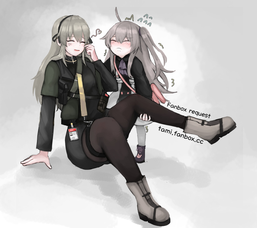 2girls black_legwear blush boots breasts closed_eyes closed_mouth eyebrows_visible_through_hair fanbox_username girls_frontline grey_footwear grey_hair hair_ornament hairband hairclip hand_on_floor highres holding_leg long_hair min-tami multiple_girls on_floor open_mouth pantyhose simple_background smile standing twintails ump40_(girls'_frontline) ump45_(girls'_frontline) white_legwear