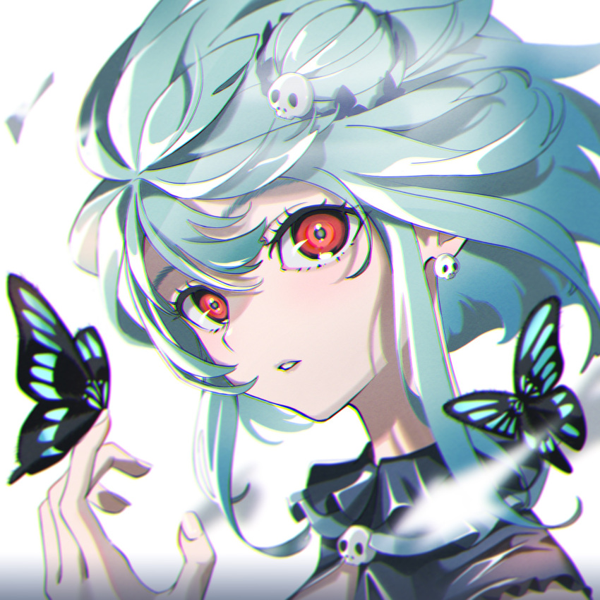 1girl bangs bug butterfly earrings floating_hair from_side green_hair hair_bun hair_ornament head_tilt highres hololive jewelry looking_at_viewer natsume_hinako parted_lips red_eyes short_hair skull_earrings skull_hair_ornament solo uruha_rushia virtual_youtuber white_background