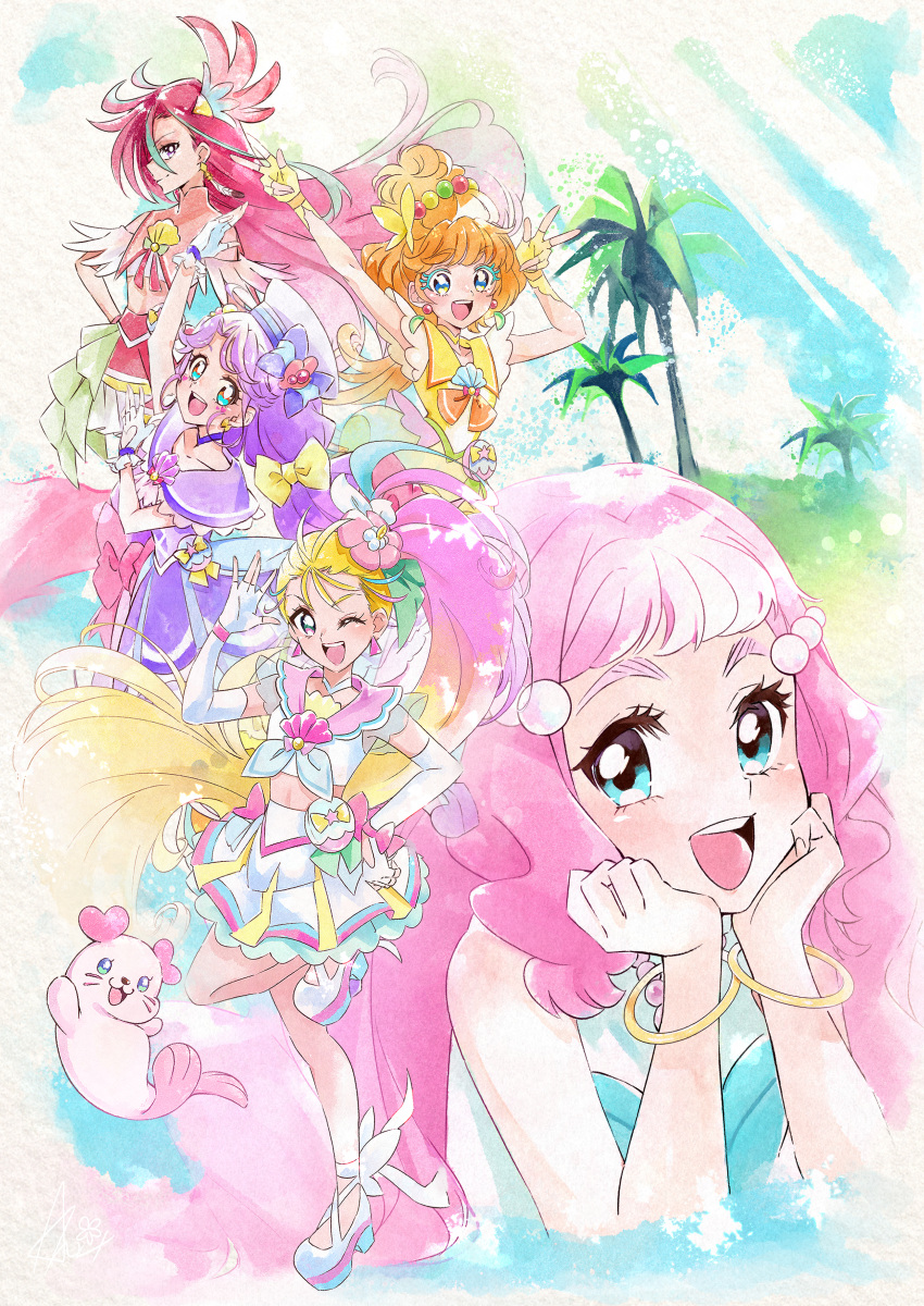 5girls :d ;d absurdres anxflower arm_up bangs blonde_hair blue_eyes blue_hair bow bracelet brown_hair choker closed_mouth clothing_cutout crop_top cure_coral cure_flamingo cure_papaya cure_summer dress earrings elbow_gloves fingerless_gloves floating_hair full_body gloves gradient_hair hair_between_eyes hair_bow head_rest heart_cutout high_ponytail highres huge_filesize ichinose_minori jewelry kururun_(precure) laura_la_mer long_hair looking_at_viewer midriff miniskirt multicolored_hair multiple_girls natsuumi_manatsu navel one_eye_closed open_mouth palm_tree pink_hair pink_sailor_collar pleated_skirt precure purple_bow purple_choker purple_dress purple_hair purple_sailor_collar redhead sailor_collar sailor_dress side_ponytail skirt smile standing standing_on_one_leg stomach suzumura_sango takizawa_asuka thick_eyelashes tied_hair tree tropical-rouge!_precure turtleneck twintails very_long_hair violet_eyes white_choker white_footwear white_gloves white_skirt yellow_bow yellow_choker yellow_gloves yellow_sailor_collar