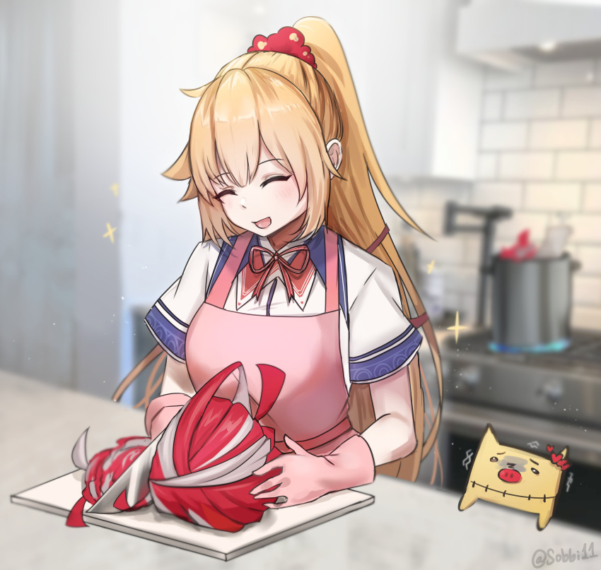 1girl absurdres akai_haato bangs blonde_hair double_bun hair_ornament hair_ribbon heart heart_hair_ornament highres hololive hololive_indonesia knife kureiji_ollie long_hair multicolored_hair open_mouth patchwork_skin red_ribbon redhead ribbon smile sobbi11 very_long_hair virtual_youtuber zombie