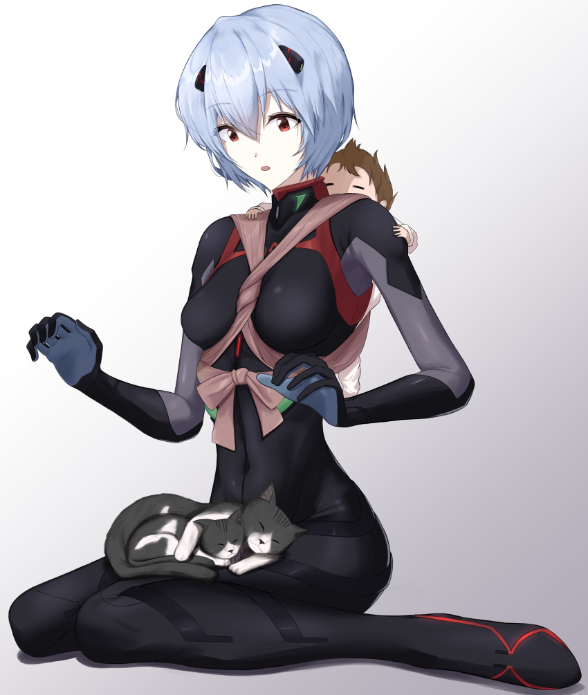 2girls absurdres animal_on_lap ayanami_rei baby baby_carrier bangs black_bodysuit blue_hair bodysuit brown_hair carrying_person cat cat_on_lap commentary cuddling curled_fingers full_body gradient gradient_background grey_cat hair_between_eyes hand_on_another's_shoulder highres holding_baby interested interface_headset looking_at_animal looking_down messy_hair multiple_girls neon_genesis_evangelion outstretched_hand pale_skin parted_lips plugsuit raised_eyebrows short_hair sitting sleeping solo_focus suzuhara_tsubame wariza white_background white_cat