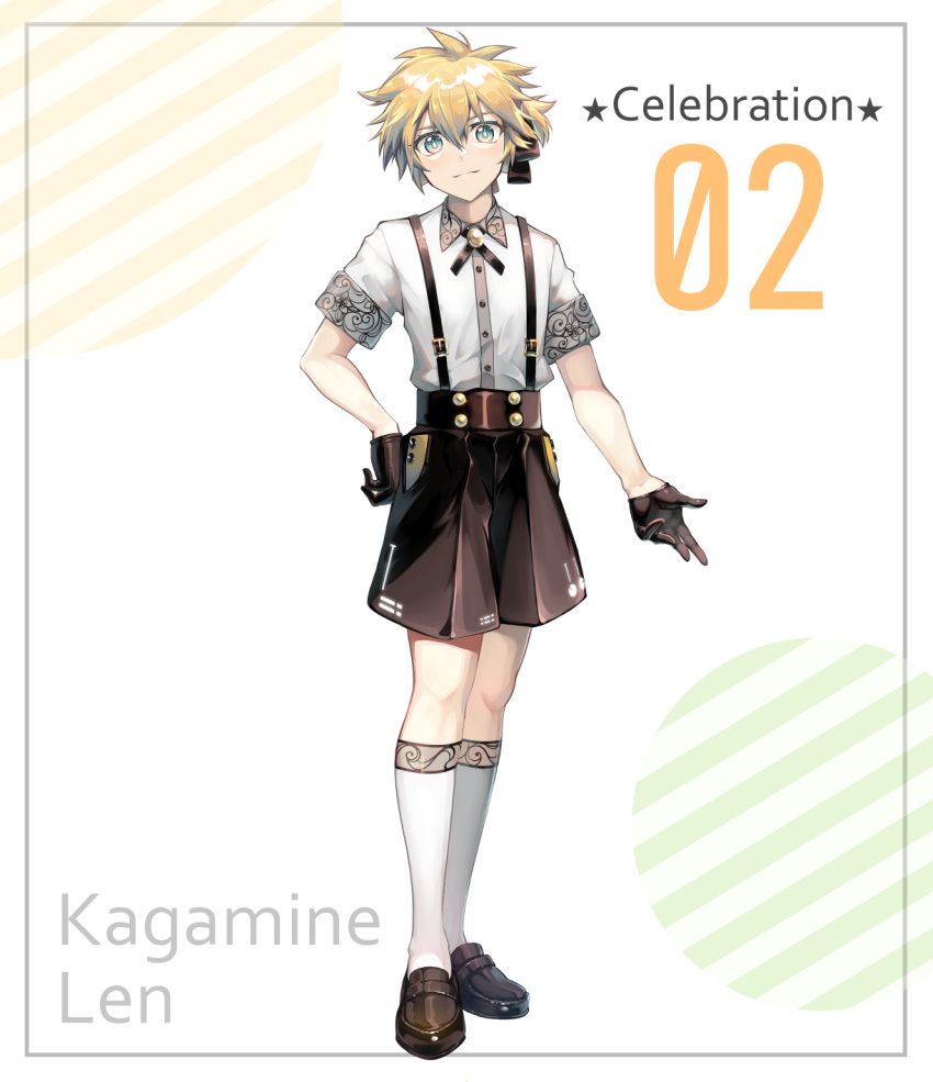 1boy bangs black_footwear black_gloves black_shorts blonde_hair character_name closed_mouth collared_shirt diagonal_stripes dress_shirt full_body gloves green_eyes hair_between_eyes half_gloves hand_on_hip highres kagamine_len kneehighs loafers male_focus saihate_(d3) shirt shoes short_shorts short_sleeves shorts smile solo standing star_(symbol) striped striped_background suspender_shorts suspenders vocaloid white_background white_legwear white_shirt