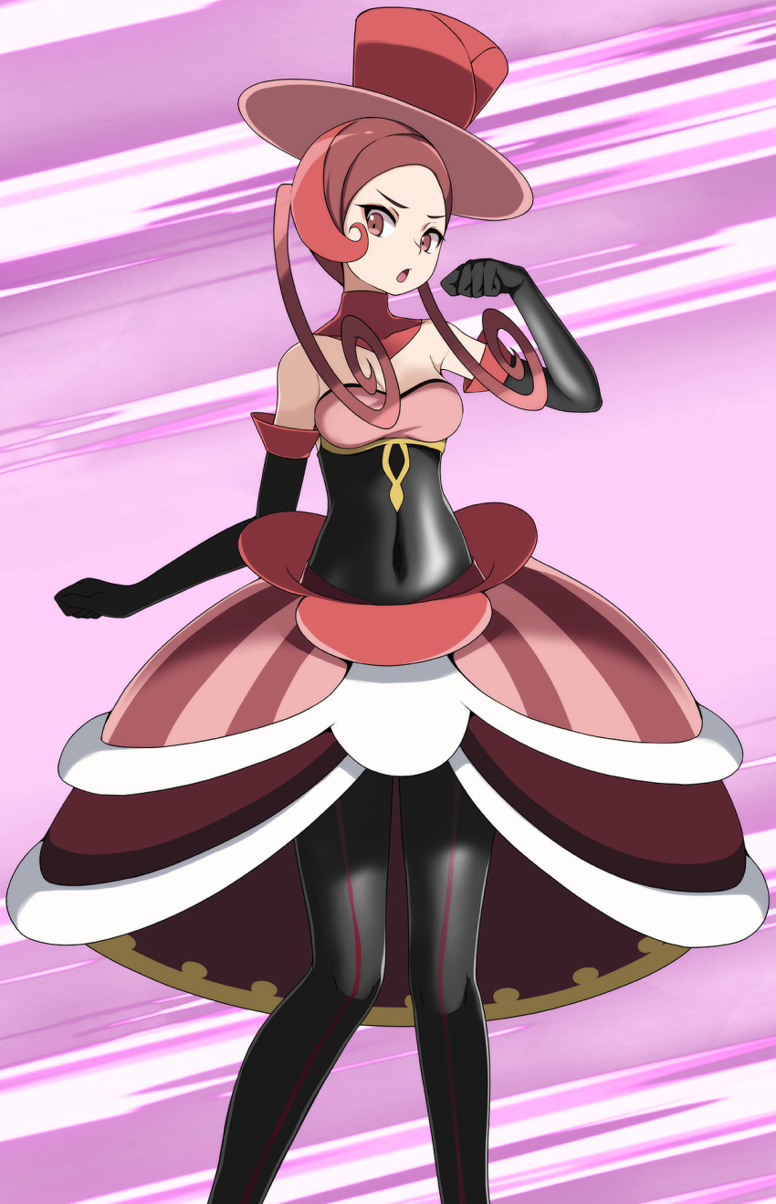 1girl black_gloves brown_hair commentary_request covering_navel dana_(pokemon) elbow_gloves gloves highres looking_at_viewer multicolored_hair open_mouth pink_background pokemon pokemon_(game) pokemon_xy redhead solo standing tsukishiro_saika two-tone_hair