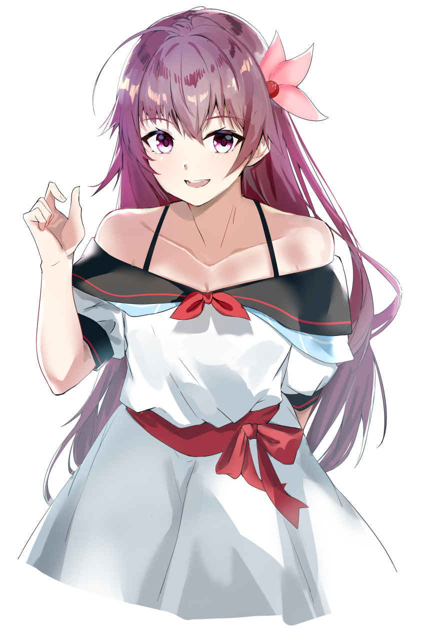 1girl absurdres arms_behind_back brown_hair collarbone cowboy_shot dress highres kantai_collection kisaragi_(kancolle) long_hair looking_at_viewer official_alternate_costume open_mouth round_teeth simple_background solo sui_(sui27shika) teeth upper_teeth violet_eyes white_background white_dress