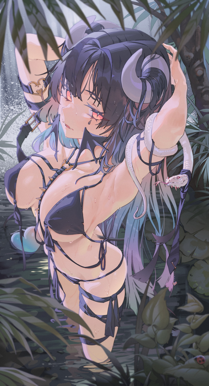 1girl absurdres ahoge arm_strap armpits arms_behind_head arms_up bangs bare_shoulders belt_buckle bikini black_bikini black_hair blue_hair breasts buckle bug commentary demon_girl demon_horns demon_tail english_commentary eyebrows_visible_through_hair facial_mark fang forest gradient_hair hair_between_eyes hair_on_horn highres hong horns huge_filesize ladybug leaf long_hair looking_at_viewer multicolored_hair nature orange_eyes original parted_lips plant purple_hair skin_fang slit_pupils snake solo standing swimsuit tail very_long_hair wading water wet wet_hair