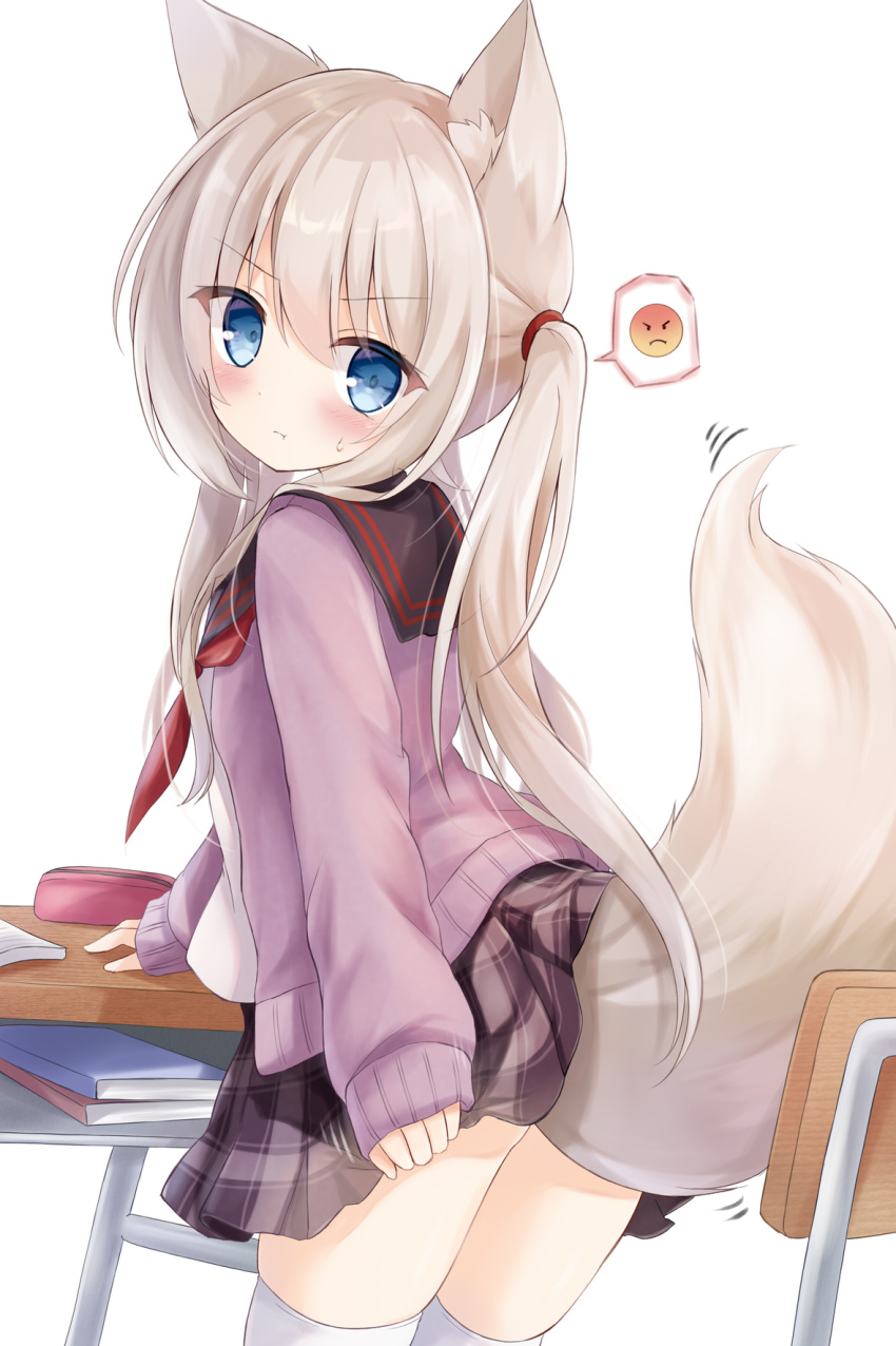 1girl :t animal_ear_fluff animal_ears bangs black_sailor_collar blue_eyes blush brown_hair brown_skirt cardigan chair closed_mouth commentary_request desk eyebrows_visible_through_hair fox_ears fox_girl fox_tail from_behind hair_between_eyes highres kata_rosu long_hair long_sleeves looking_at_viewer looking_back motion_lines open_cardigan open_clothes original pencil_case plaid plaid_skirt pleated_skirt pout purple_cardigan red_neckwear sailor_collar school_chair school_desk school_uniform serafuku shirt simple_background skirt sleeves_past_wrists solo spoken_expression standing tail thigh-highs twintails v-shaped_eyebrows very_long_hair white_background white_legwear white_shirt
