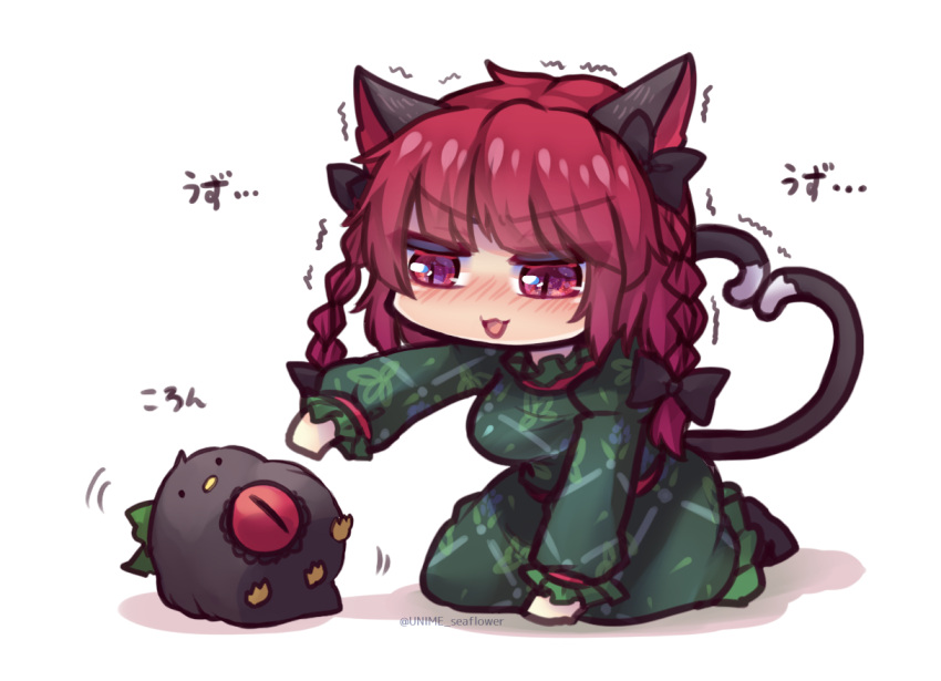 1girl animal_ears black_ribbon blush bow braid breasts cat_ears cat_tail dress eyebrows_visible_through_hair green_bow green_dress hair_between_eyes hair_ribbon heart heart_tail kaenbyou_rin kneeling large_breasts long_hair long_sleeves multiple_tails nekomata one-hour_drawing_challenge red_eyes reiuji_utsuho reiuji_utsuho_(bird) ribbon slit_pupils tail touhou trembling twin_braids two_tails unime_seaflower v-shaped_eyebrows yatagarasu