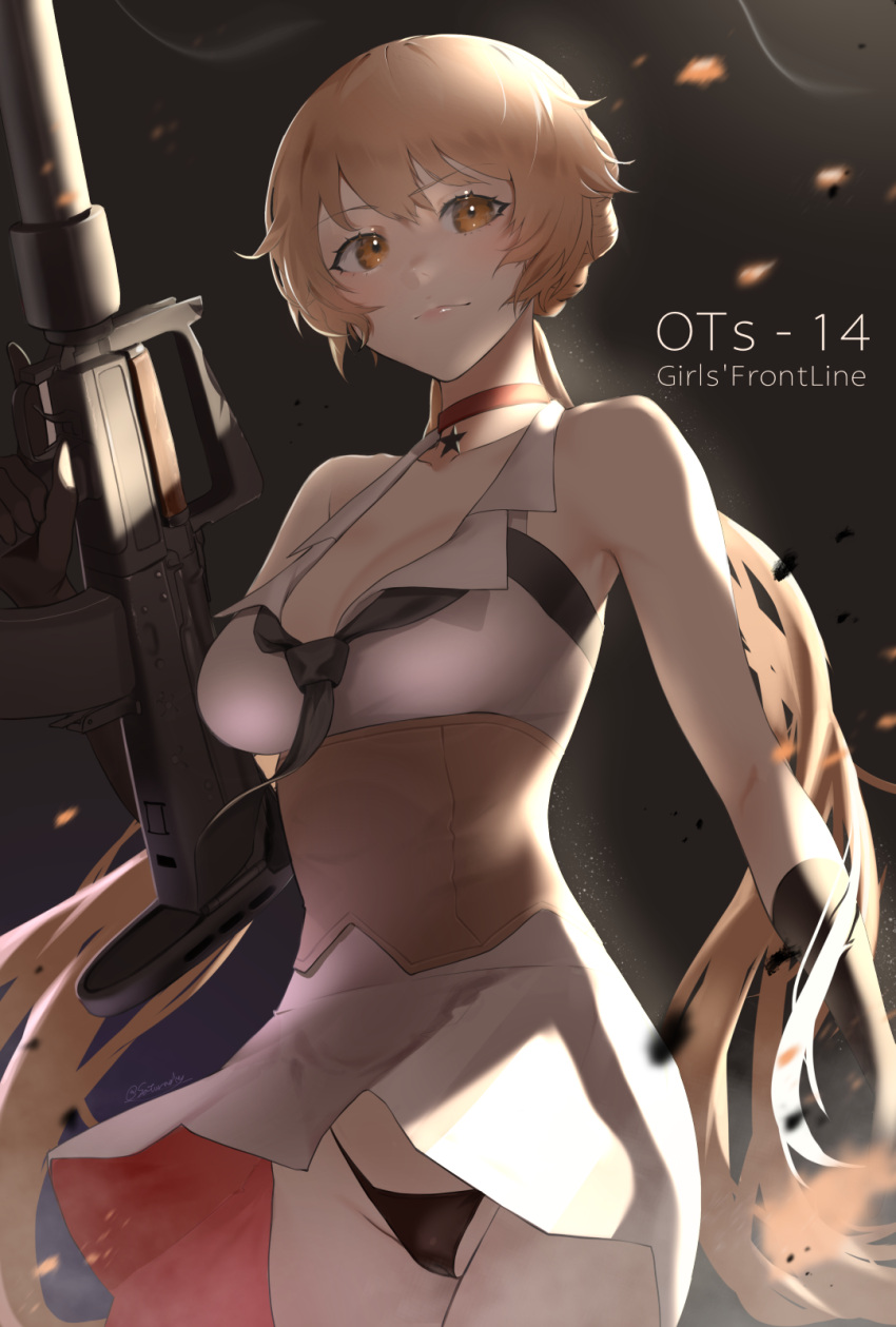 1girl black_gloves black_neckwear black_panties blonde_hair breasts brown_corset character_name choker closed_mouth clothes_lift copyright_name dress dress_lift eyebrows_visible_through_hair girls_frontline gloves highres holding holding_weapon lips long_hair looking_at_viewer medium_breasts necktie orange_eyes ots-14 ots-14_(girls'_frontline) panties ponytail red_choker saturndxy simple_background smile solo star_(symbol) star_choker underwear weapon white_dress