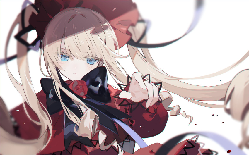 1girl asphyxia17 bangs black_neckwear blonde_hair blue_eyes closed_mouth doll dress eyebrows_visible_through_hair hair_ornament hat highres light_blush long_hair looking_at_viewer necktie outstretched_arm red_dress red_headwear rozen_maiden shinku sidelocks simple_background solo twintails white_background