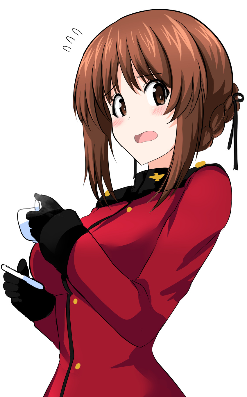 1girl absurdres aikir_(jml5160) alternate_costume alternate_hairstyle bangs black_gloves black_ribbon blush braid brown_eyes brown_hair commentary cup eyebrows_visible_through_hair flying_sweatdrops frown girls_und_panzer gloves hair_ribbon hair_up highres holding holding_cup holding_saucer jacket long_sleeves looking_at_viewer military military_uniform nishizumi_miho open_mouth red_jacket ribbon saucer short_hair simple_background solo st._gloriana's_military_uniform teacup tied_hair uniform white_background