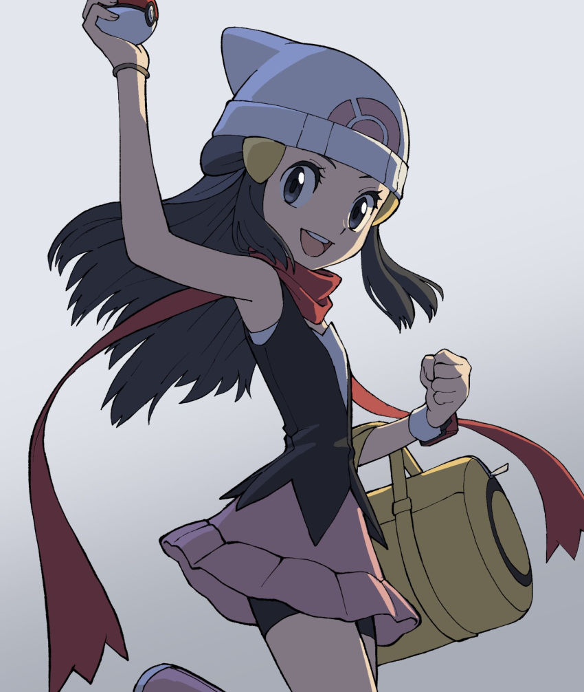 1girl :d bag beanie bike_shorts bike_shorts_under_skirt black_hair black_legwear boots bracelet clenched_hand commentary_request hikari_(pokemon) duffel_bag eyelashes floating_hair floating_scarf grey_eyes hair_ornament hairclip hat highres holding holding_poke_ball jewelry long_hair open_mouth over-kneehighs pink_footwear pink_skirt poke_ball poke_ball_(basic) pokemon pokemon_(game) pokemon_dppt poketch shirt skirt sleeveless sleeveless_shirt smile solo thigh-highs tongue upper_teeth watch watch white_headwear yellow_bag yoshi_(moco1)