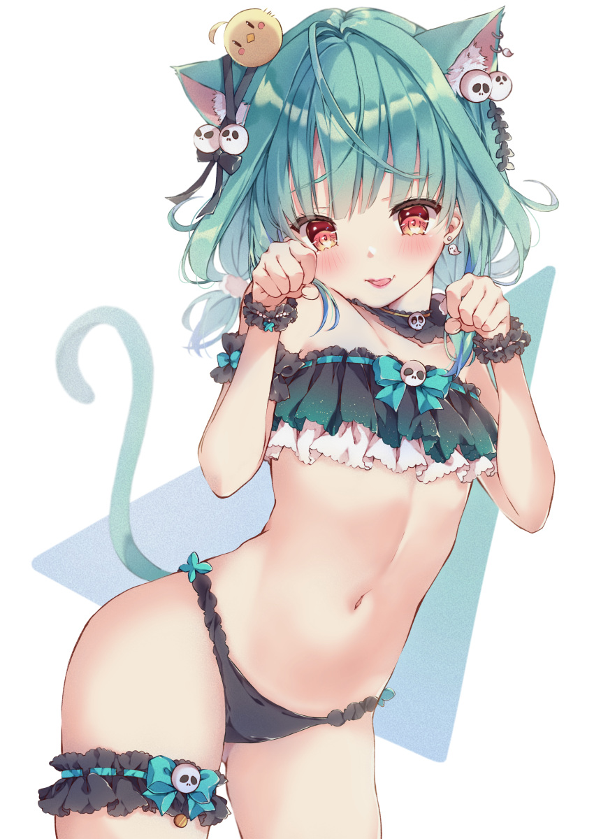 1girl absurdres akino_(chikarrr) animal_ear_fluff animal_ears animal_on_head arm_garter bangs bikini bird bird_on_head black_bikini black_ribbon blue_hair blush cat_ears cat_girl cat_tail commentary_request cowboy_shot earrings eyebrows_visible_through_hair fang flat_chest frilled_bikini frills ghost_earrings green_hair hair_ornament hair_ribbon highres hololive jewelry leg_garter long_hair looking_at_viewer multicolored_hair navel on_head parted_lips paw_pose piyoko_(uruha_rushia) red_eyes ribbon short_twintails simple_background skin_fang skull_hair_ornament solo standing stomach strapless strapless_bikini streaked_hair swimsuit tail tail_raised twintails uruha_rushia virtual_youtuber wrist_cuffs