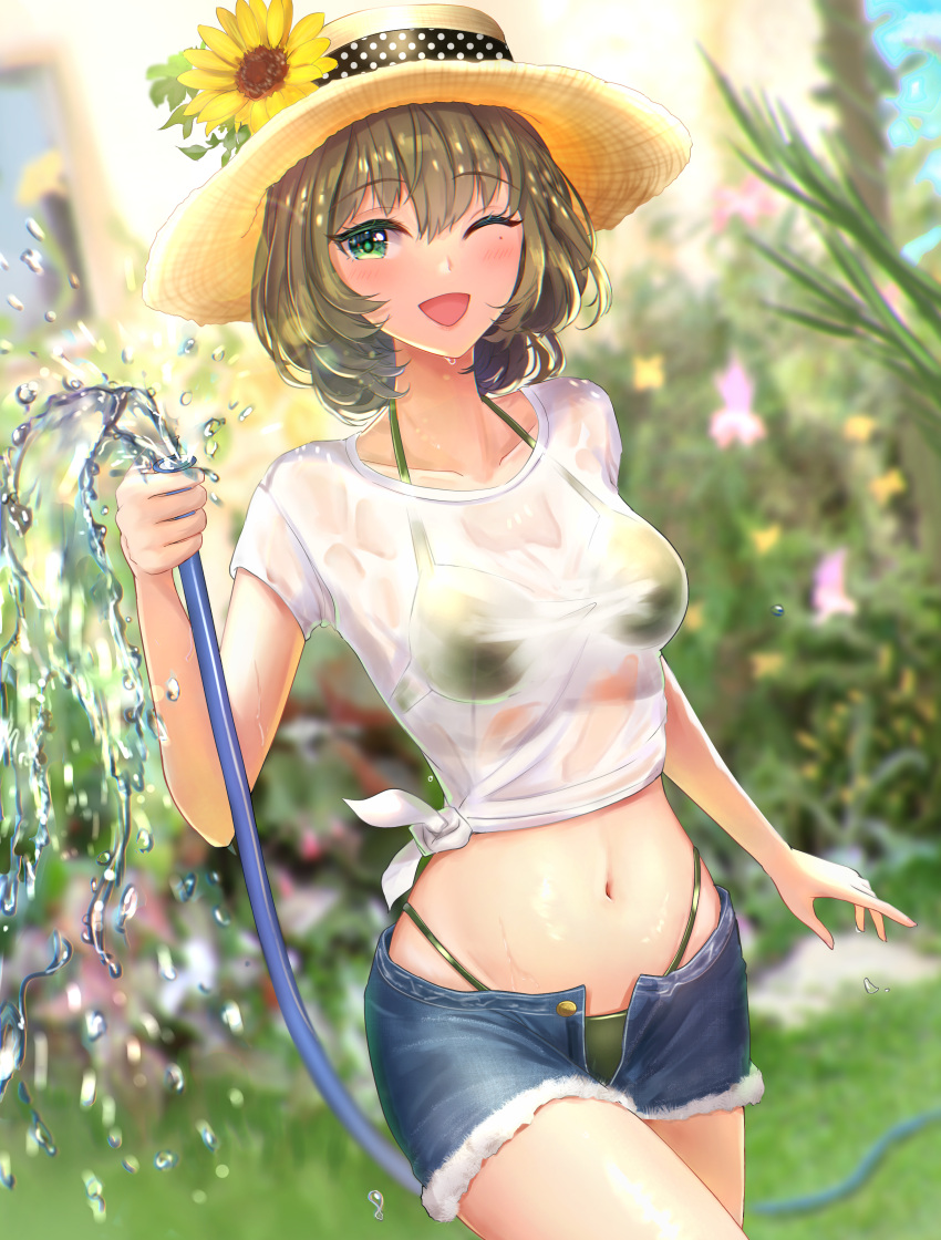 1girl absurdres bangs bikini bikini_under_clothes blush breasts cowboy_shot cutoffs denim denim_shorts eyebrows_visible_through_hair flower frayed_clothes green_bikini green_eyes green_hair halter_top halterneck hat hat_flower highres holding holding_hose hose huge_filesize idolmaster idolmaster_cinderella_girls looking_at_viewer medium_breasts midriff mole mole_under_eye navel nyome991 one_eye_closed open_clothes open_mouth open_shorts outdoors plant see-through shirt short_hair short_shorts shorts solo straw_hat swimsuit takagaki_kaede tied_shirt water wet wet_clothes