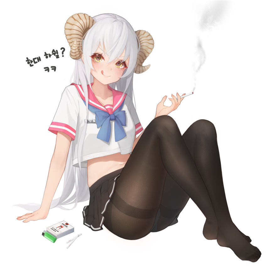 1girl :q absurdres arm_support bangs black_legwear black_skirt blue_bow blush bow breasts cigarette commentary crop_top crop_top_overhang crossed_ankles eyebrows_visible_through_hair full_body hair_between_eyes hand_up highres holding holding_cigarette horns korean_text long_hair looking_at_viewer midriff miniskirt navel no_shoes original pantyhose park_sinb_(choacee) pink_sailor_collar pleated_skirt sailor_collar school_uniform serafuku shirt short_sleeves sitting skirt smile smoke solo tongue tongue_out translation_request very_long_hair white_hair white_shirt yellow_eyes