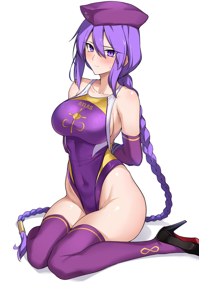 1girl absurdres arms_behind_back bangs bare_shoulders blush braid braided_ponytail breasts closed_mouth collarbone commission competition_swimsuit covered_navel elbow_gloves gloves halcon high_heels highleg highleg_swimsuit highres large_breasts long_hair looking_at_viewer melty_blood one-piece_swimsuit purple_gloves purple_hair purple_headwear purple_legwear sidelocks sion_eltnam_atlasia sitting skeb_commission skindentation solo swimsuit thigh-highs thighs tsukihime violet_eyes wariza
