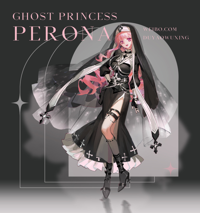 1girl bangs black_dress black_footwear breasts character_name dress dywx_poison earrings full_body gothic hand_on_hip head_tilt high_heels jewelry large_breasts long_hair long_sleeves nun one_piece perona pink_eyes side_slit smile solo standing