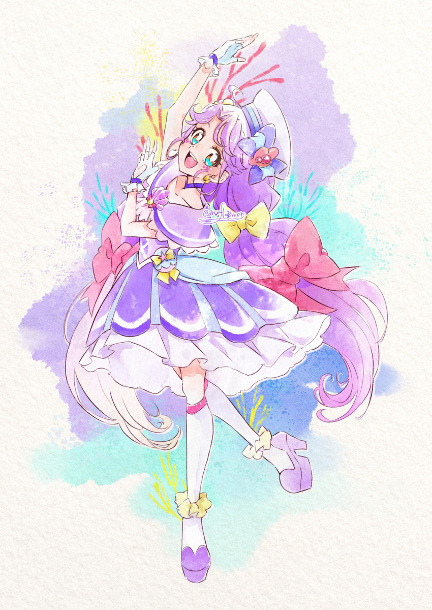 1girl :d absurdres anxflower arm_up blue_eyes blush bow choker clothing_cutout collarbone cure_coral dress fingerless_gloves floating_hair full_body gloves hair_bow hat hat_bow heart_cutout high_heels highres kneehighs long_hair looking_at_viewer medium_dress open_mouth precure purple_bow purple_choker purple_dress purple_footwear purple_hair purple_sailor_collar red_bow sailor_collar sailor_dress smile solo standing tropical-rouge!_precure twintails very_long_hair white_background white_gloves white_headwear white_legwear