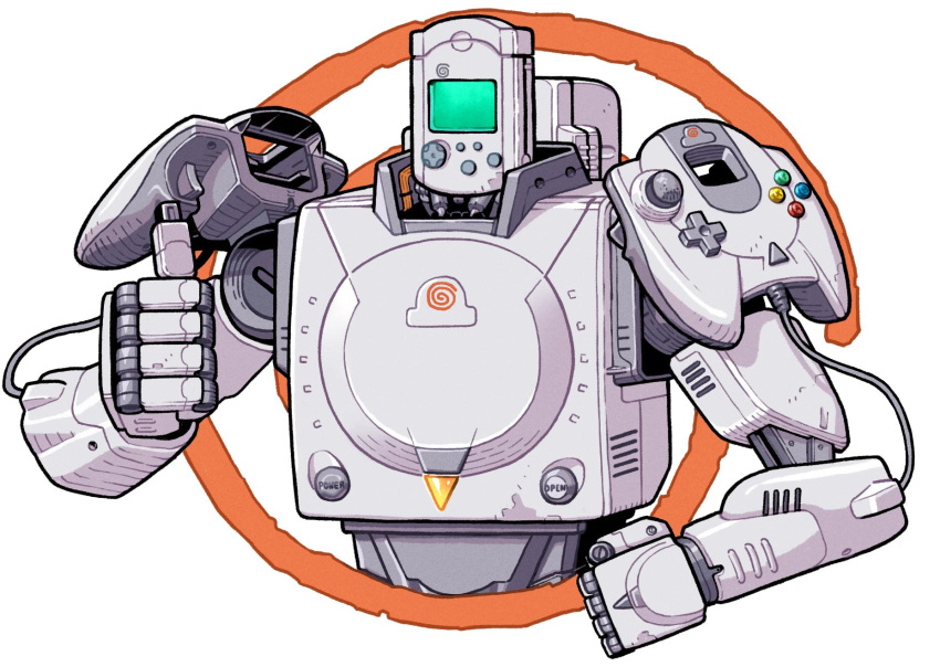 cable cameron_sewell clenched_hand controller english_commentary game_console highres joystick looking_at_viewer mecha mechanization no_humans original sega_dreamcast solo thumbs_up