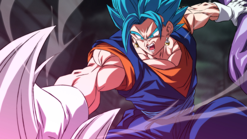 2boys battle blue_eyes blue_hair dougi dragon_ball dragon_ball_super earrings fused_zamasu gloves jewelry male_focus multiple_boys muscular muscular_male open_mouth potara_earrings rom_(20) sash spiky_hair vegetto white_gloves white_hair