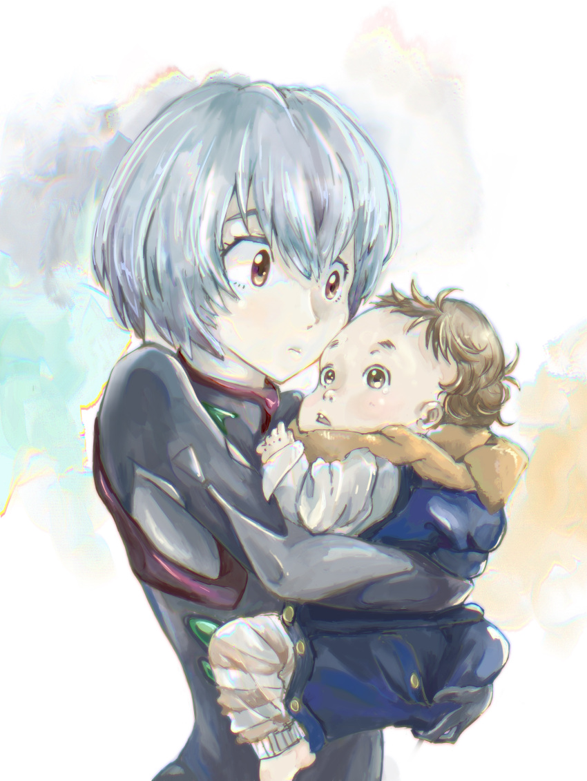 2girls absurdres akgrtk ayanami_rei baby bangs barefoot black_bodysuit blue_hair blue_vest bodysuit brown_eyes brown_hair brown_scarf closed_mouth commentary curious expressionless face-to-face grey_background hair_between_eyes highres holding_baby hug looking_ahead looking_away messy_hair multicolored multicolored_background multiple_girls muted_color neon_genesis_evangelion nervous pale_skin panties pants parted_lips pink_pants plump red_eyes scarf shirt short_hair striped striped_panties surprised suzuhara_tsubame underwear upper_body upper_teeth vest white_background white_pants white_shirt wide-eyed yellow_background
