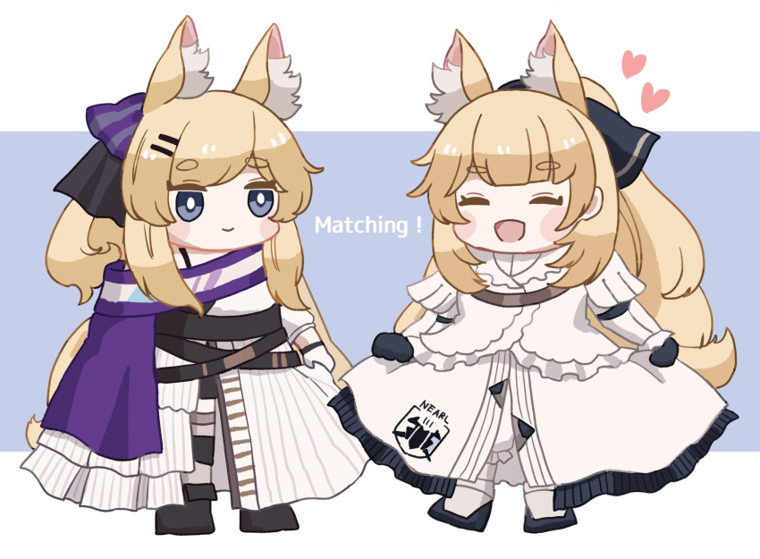 2girls :d animal_ear_fluff animal_ears arknights aunt_and_niece black_bow black_footwear black_gloves blemishine_(arknights) blonde_hair blue_background blush_stickers bow cape chibi clothes_lift dress dress_lift english_text eyebrows_visible_through_hair gloves hair_bow hair_ornament hairclip happy heart highres horse_ears horse_girl horse_tail lifted_by_self long_hair multiple_girls open_mouth ponytail purple_bow purple_cape shirt sidelocks simple_background smile someyaya striped striped_bow tail thick_eyebrows two-tone_background very_long_hair whislash_(arknights) whislash_(glory_purple)_(arknights) white_background white_dress white_shirt
