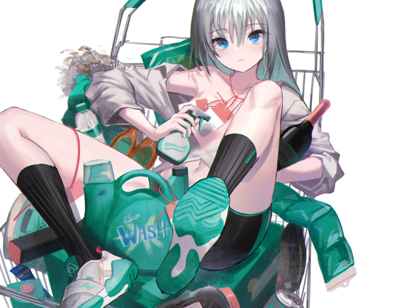 1girl bangs bike_shorts black_legwear black_shorts blue_eyes bottle breasts can eyebrows_visible_through_hair hair_between_eyes hayama_eishi holding jar kneehighs looking_at_viewer navel open_clothes open_shirt original parted_lips shirt shoes shopping_cart shorts silver_hair simple_background sitting small_breasts sneakers soap solo spray_bottle white_background