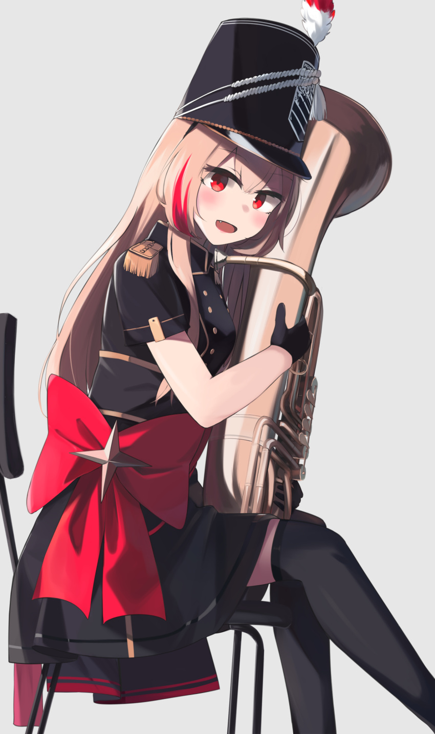 1girl absurdres black_gloves black_legwear blonde_hair blush bow dress_bow eyebrows_visible_through_hair girls_frontline gloves highres hinami047 holding holding_instrument instrument long_hair looking_at_viewer m4_sopmod_ii_(girls'_frontline) marching_band multicolored_hair open_mouth red_bow red_eyes sitting smile solo thigh-highs trumpet uniform white_background