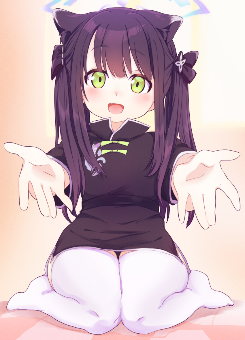 1girl absurdres animal_ear_fluff animal_ears bangs black_dress black_hair blue_archive blunt_bangs blush china_dress chinese_clothes dress green_eyes highres long_hair looking_at_viewer open_mouth outstretched_arms outstretched_hand sasabe_opika short_dress shun_(blue_archive) sitting smile solo thigh-highs thighs tiger_ears tiger_girl twintails white_legwear